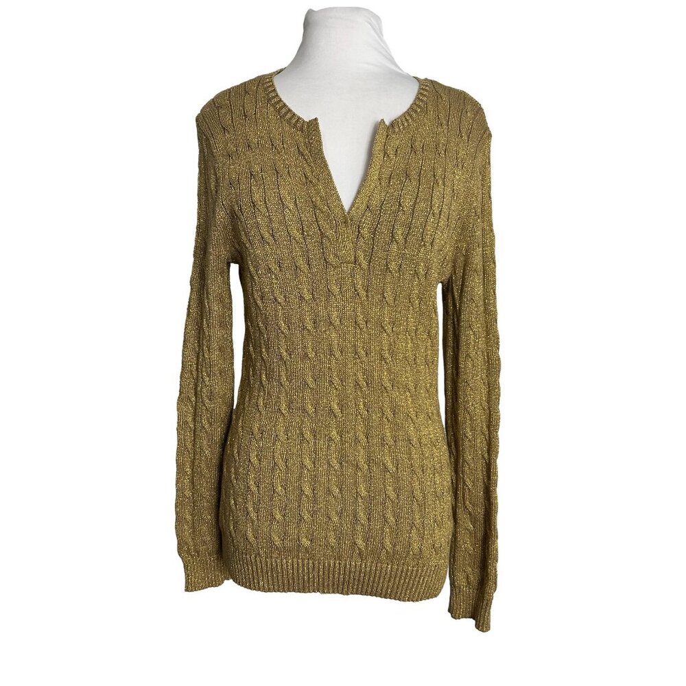 Ralph Lauren LRL Womens Sweater Size Large Gold Metallic Holiday Party Christmas